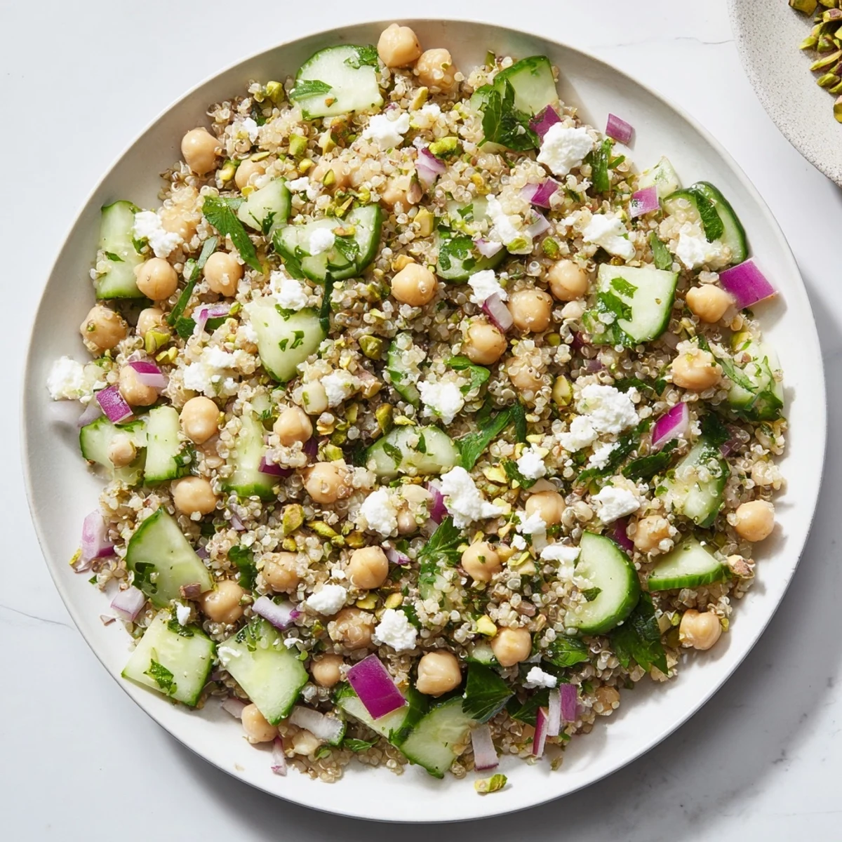 Fresh Jennifer Aniston Salad, offering a vibrant Mediterranean meal with quinoa, herbs and nuts.