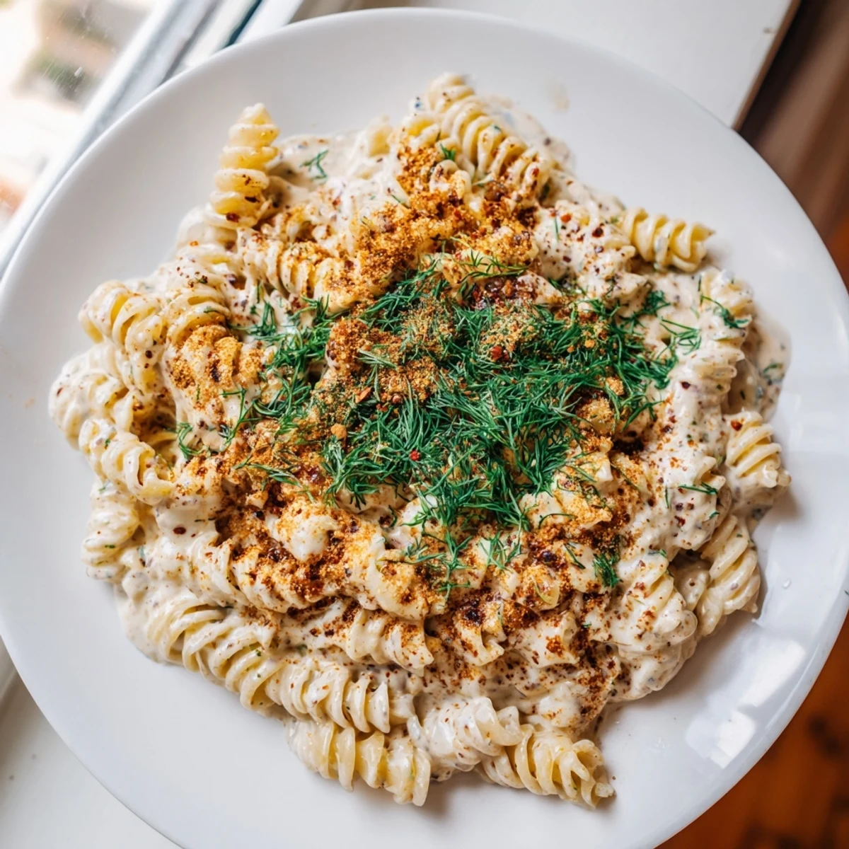 A vibrant bowl of Turkish Yogurt Pasta, showing the rich spiced-butter sauce being drizzled on top.