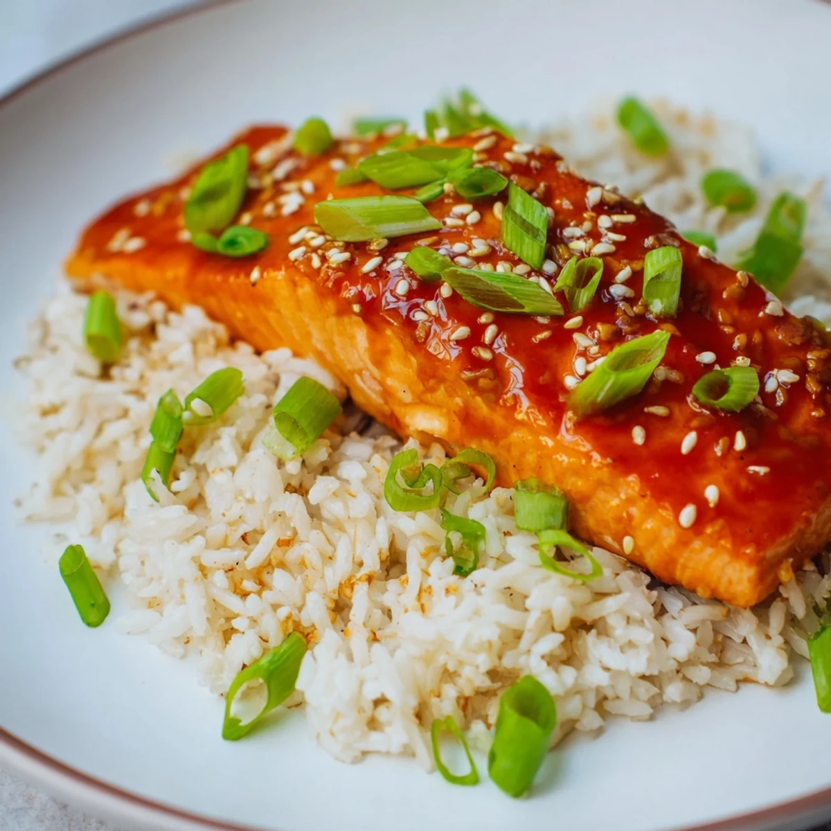 Golden, glazed Sticky Orange Salmon atop fluffy rice, ready for a flavorful bite.