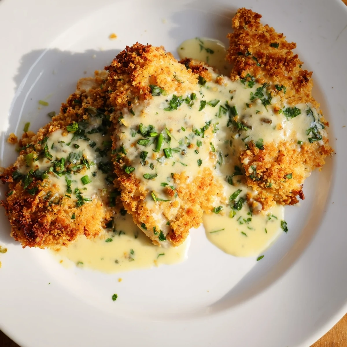 Golden, crispy chicken with garlic cream sauce is plated, ready for a delicious, savory meal tonight.