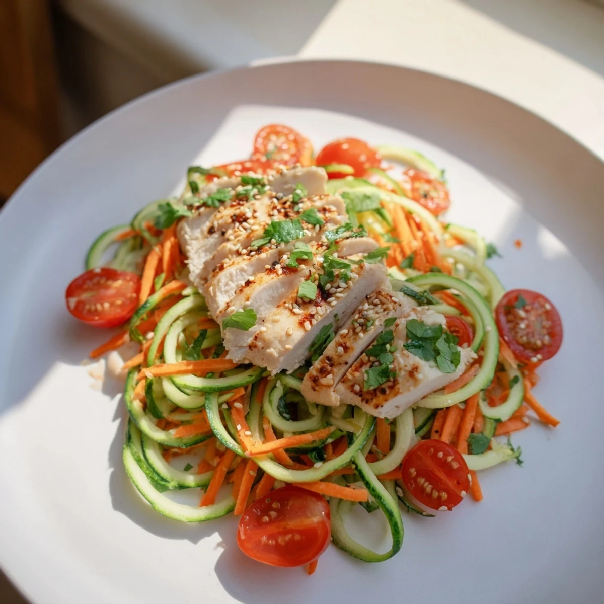 A complete, healthy meal: Protein cucumber salad with juicy grilled chicken and sesame dressing.