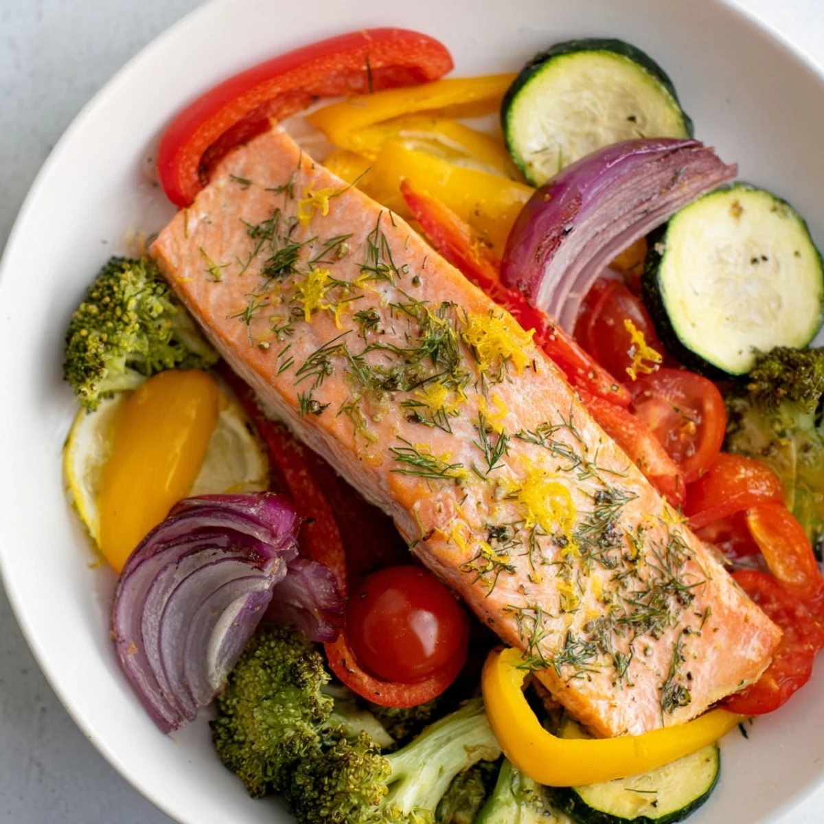 Golden-brown salmon fillets with colorful veggies fresh from the oven, a sheet pan salmon bake.