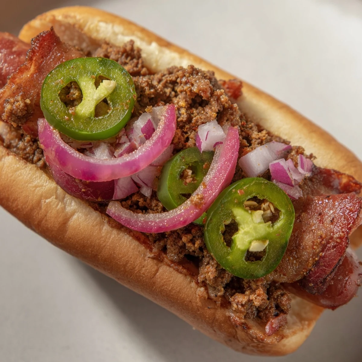 Sizzling Mexican Hot Dogs featuring juicy beef, smoky bacon, and spicy jalapeños, ready to devour.