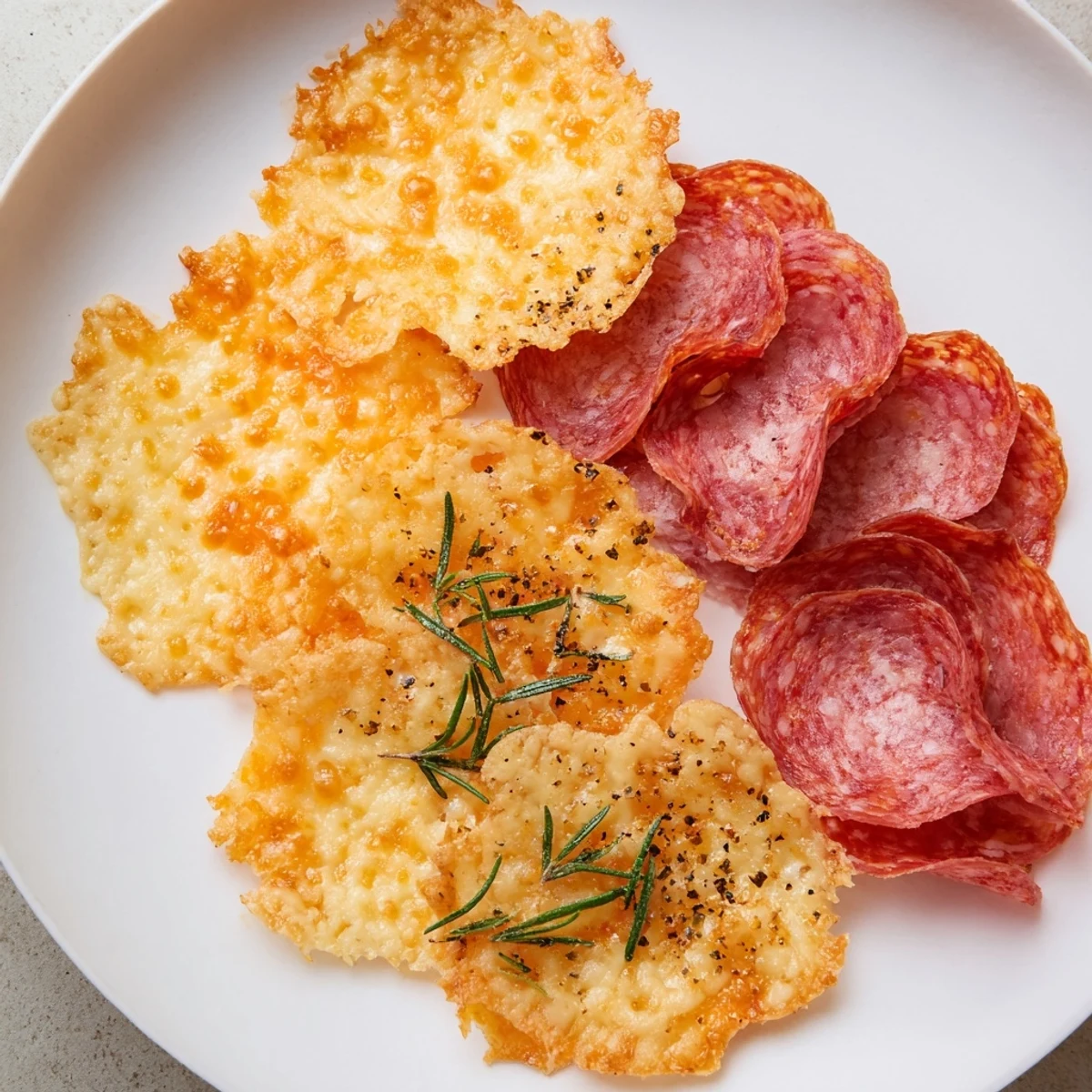 Crispy charcuterie chips, a gourmet appetizer made with baked meats and cheeses, perfect for snacking.