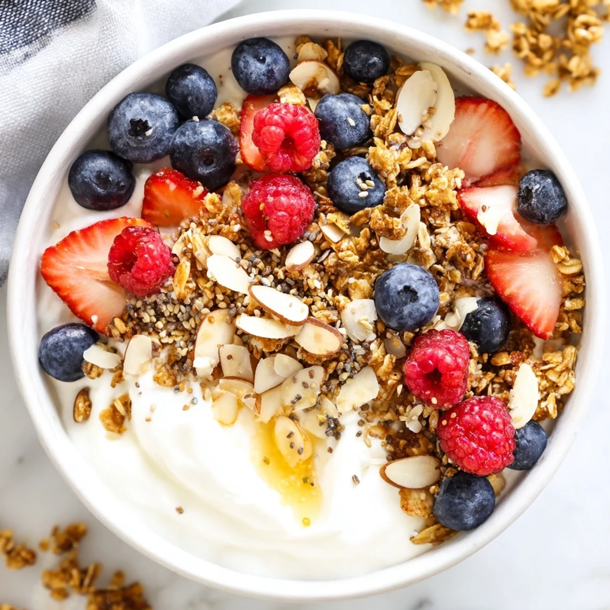 Creamy Dry Yogurt Bowl with fresh berries sits beautifully, a quick and healthy breakfast option.