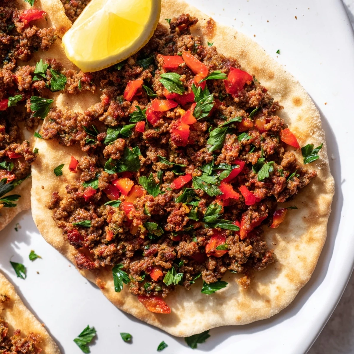 Crispy Turkish Lahmacun with spiced meat topping, served hot from the oven with fresh herbs.