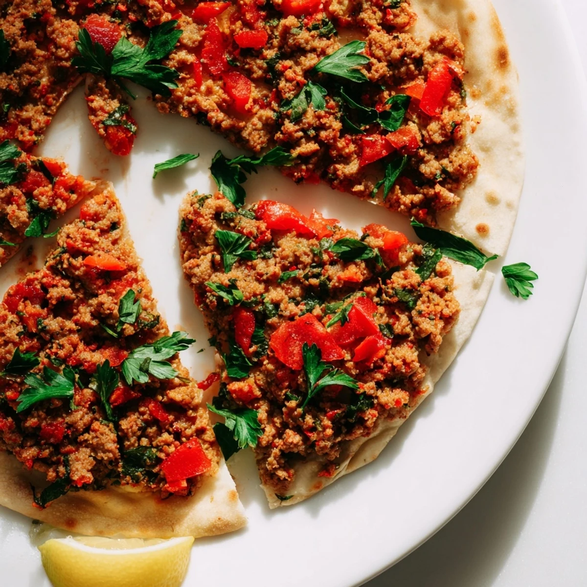 Golden-crusted Turkish Lahmacun flatbread topped with flavorful minced meat and vibrant vegetables, ready to eat.