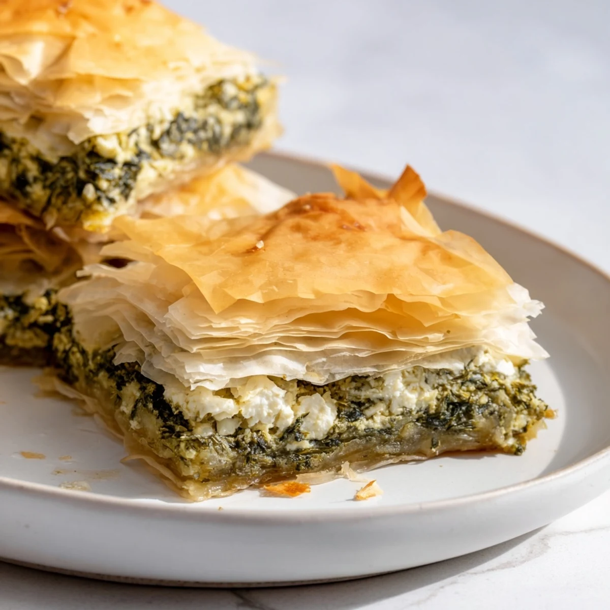 Golden, flaky Greek Spanakopita, filled with spinach and feta, ready to cut and serve.