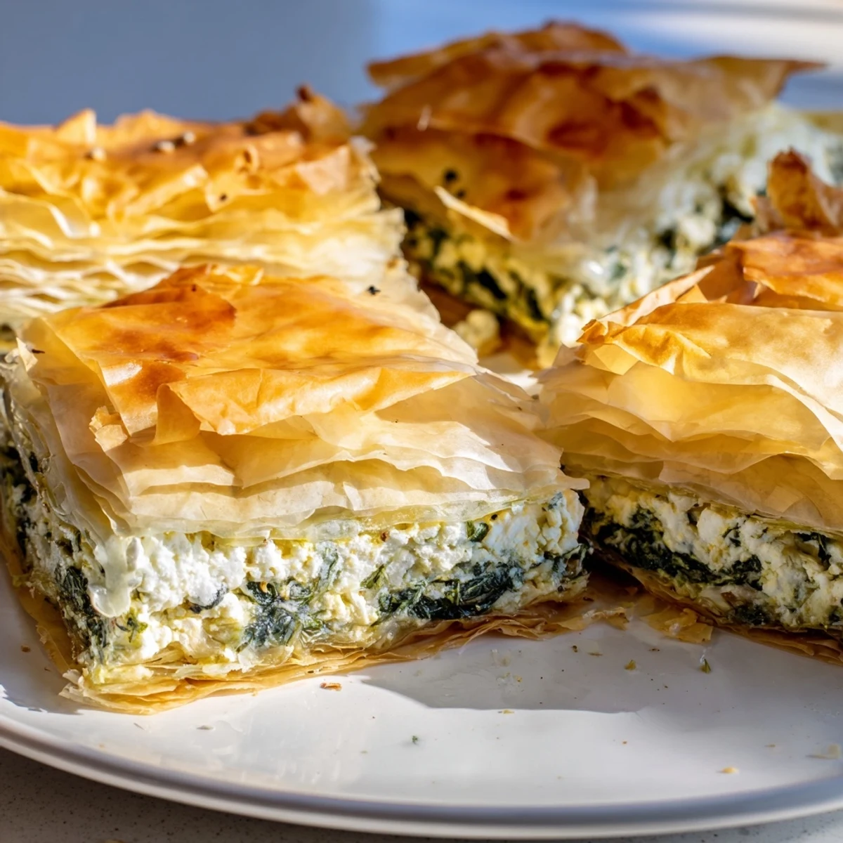 Freshly baked Greek Spanakopita, with a crispy golden crust, perfect as a vegetarian meal.