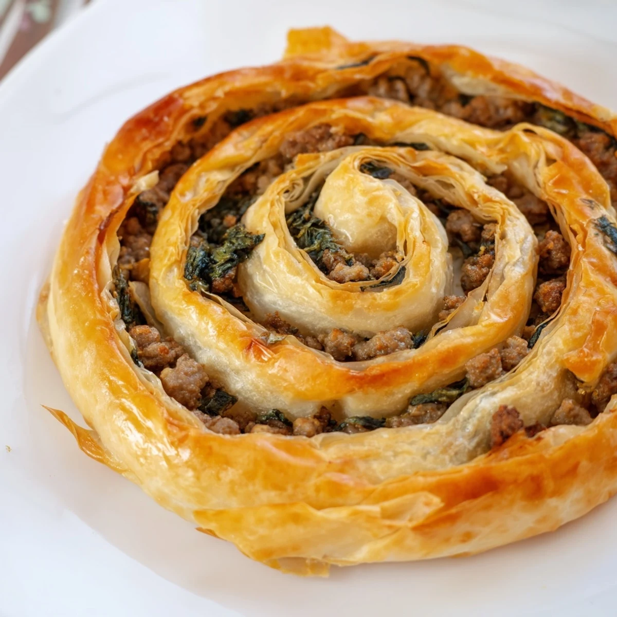 Golden, flaky Bosnian Burek pastry filled with savory ground beef and spinach, ready to serve.