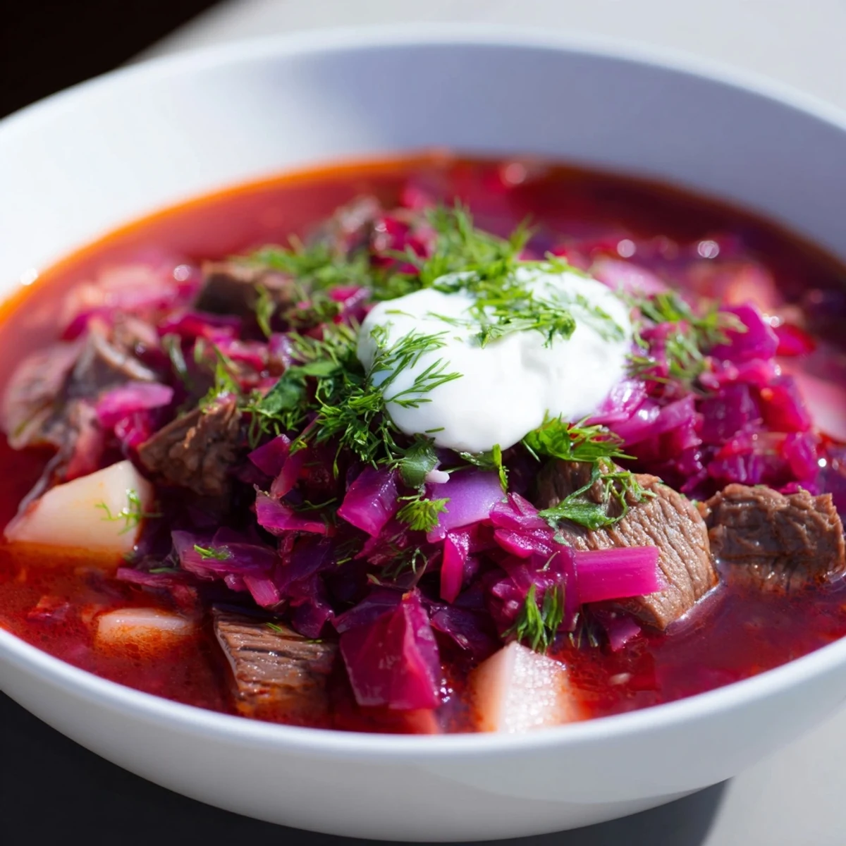 Steaming bowl of Ukrainian borscht soup, rich red color, topped with creamy sour cream and fresh herbs.