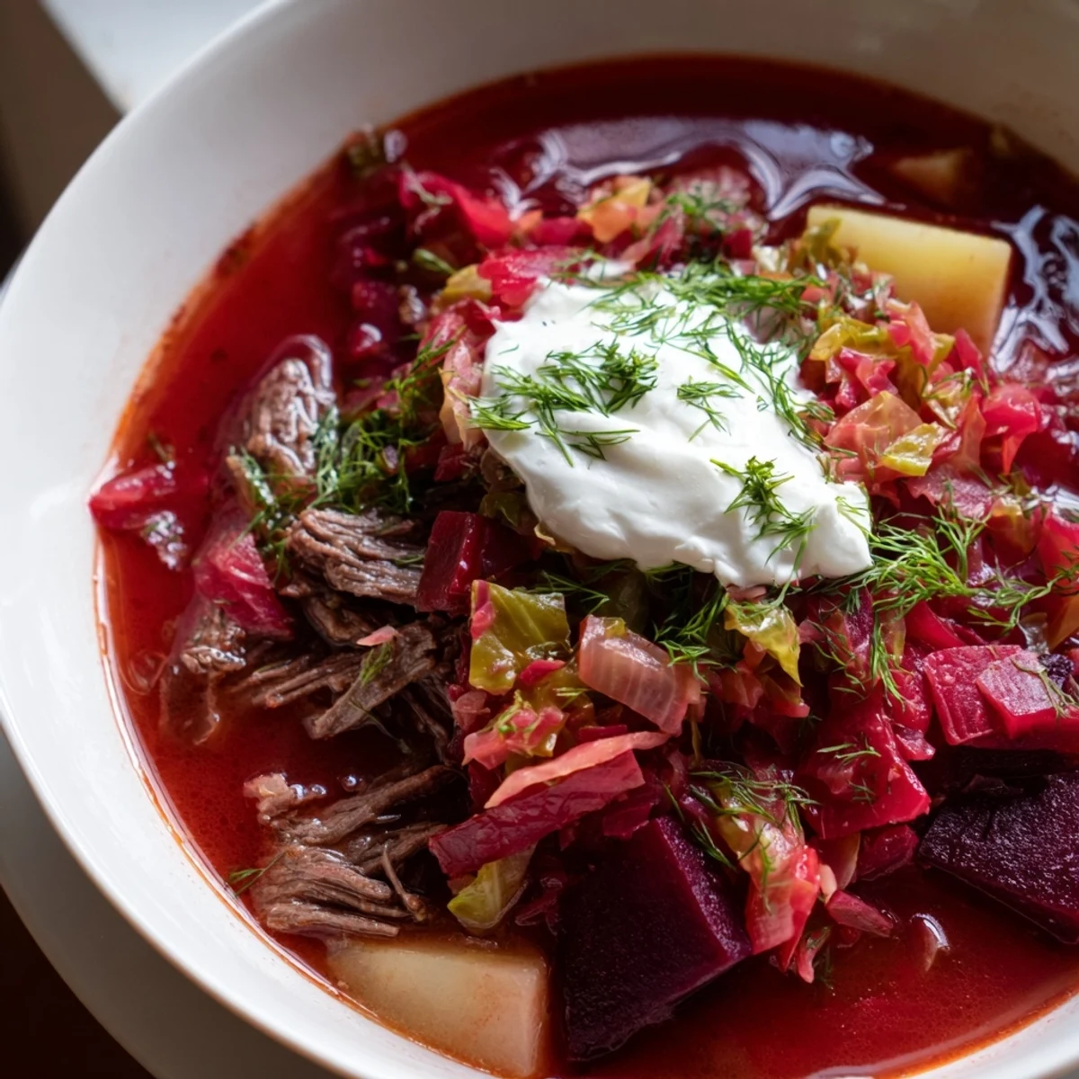 A close-up of a hearty Ukrainian borscht bowl, showing tender beef, vibrant beets, and vegetable broth.