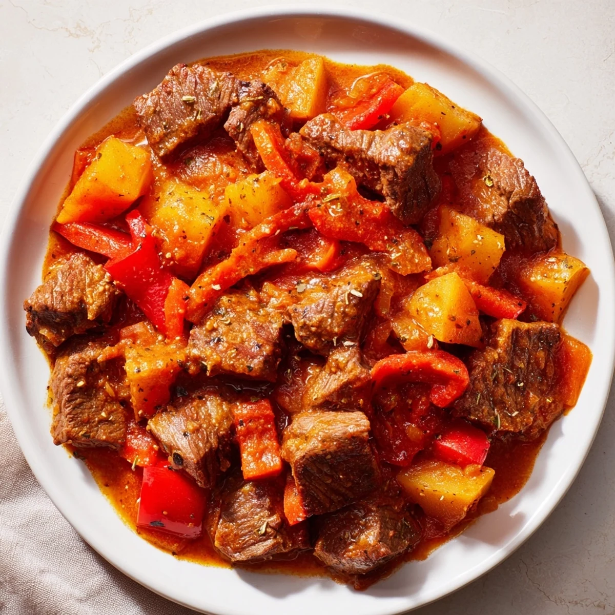 Steaming hot Hungarian Goulash Stew, showcasing tender beef and vibrant red peppers in a flavorful broth.