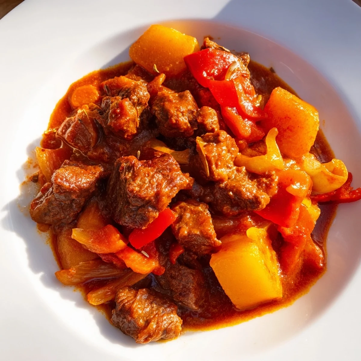 A close-up of a hearty bowl of Hungarian Goulash Stew, offering a comforting aroma with soft potatoes.