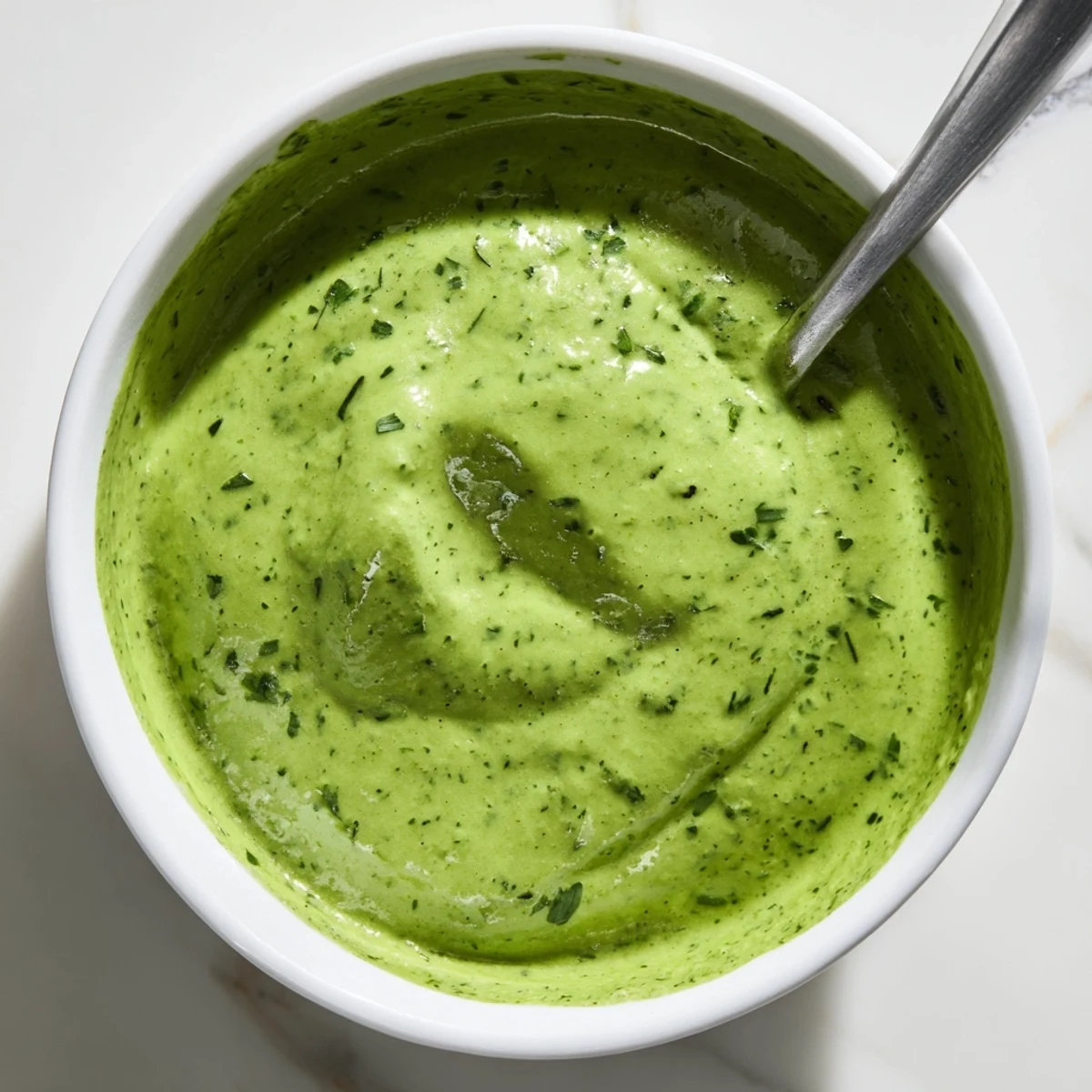 Creamy Green Goddess Dressing in a glass jar with fresh herb garnish and lemon wedges on the side.