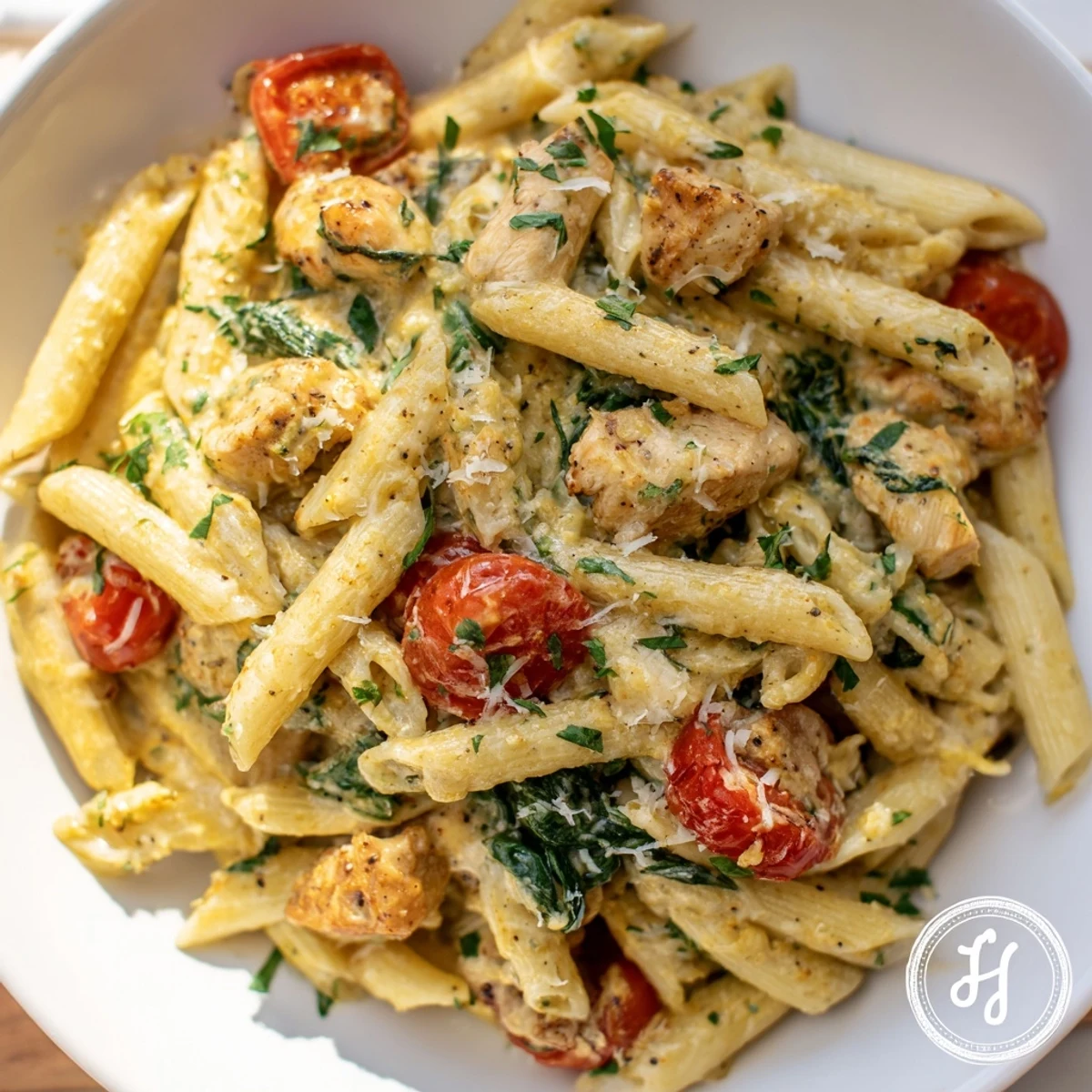 Golden-brown chicken pieces simmer in a vibrant lemon herb sauce alongside penne pasta, fresh spinach, and halved cherry tomatoes in a single skillet.