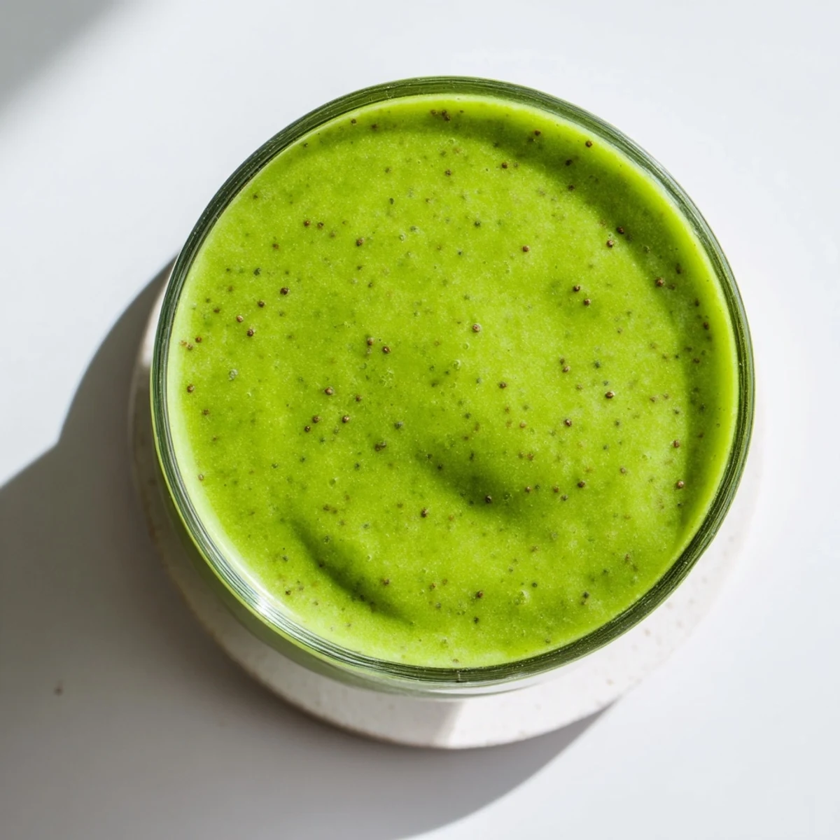 A tall glass of vibrant green spinach-hidden smoothie topped with a fresh mint leaf, perfectly blended and refreshing.  