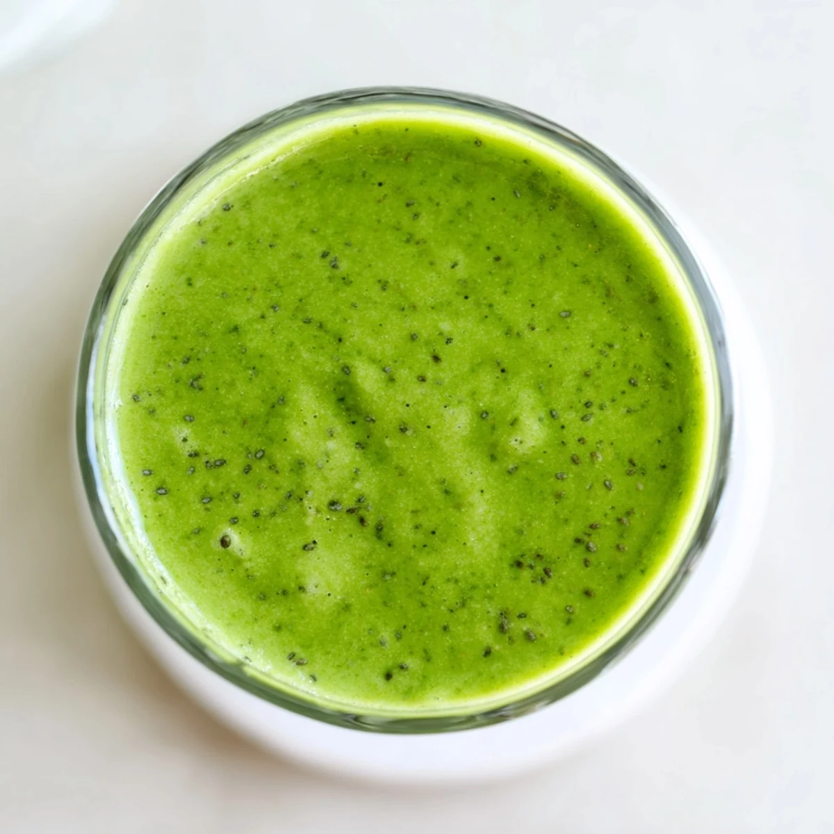 This creamy spinach-hidden smoothie features frozen mango and pineapple chunks, showcasing its bright green hue and nutritious appeal.  