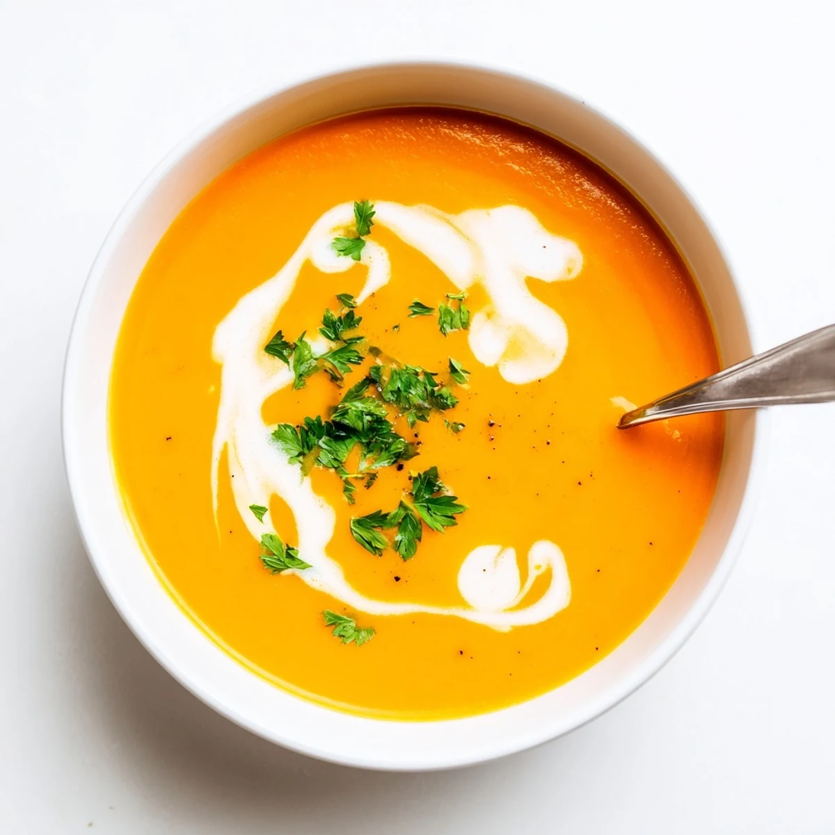 Close-up of roasted carrot-based creamy soup with golden swirls and fresh chives on top.