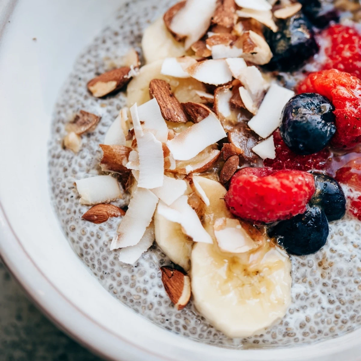 Creamy chia seed pudding with fresh berries and coconut flakes, served chilled in a glass for a nutritious breakfast or snack.