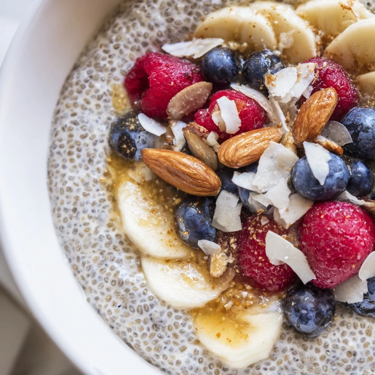 A jar of chia seed pudding with sliced bananas and strawberries, perfect for a healthy, vegan dessert or mid-day treat.