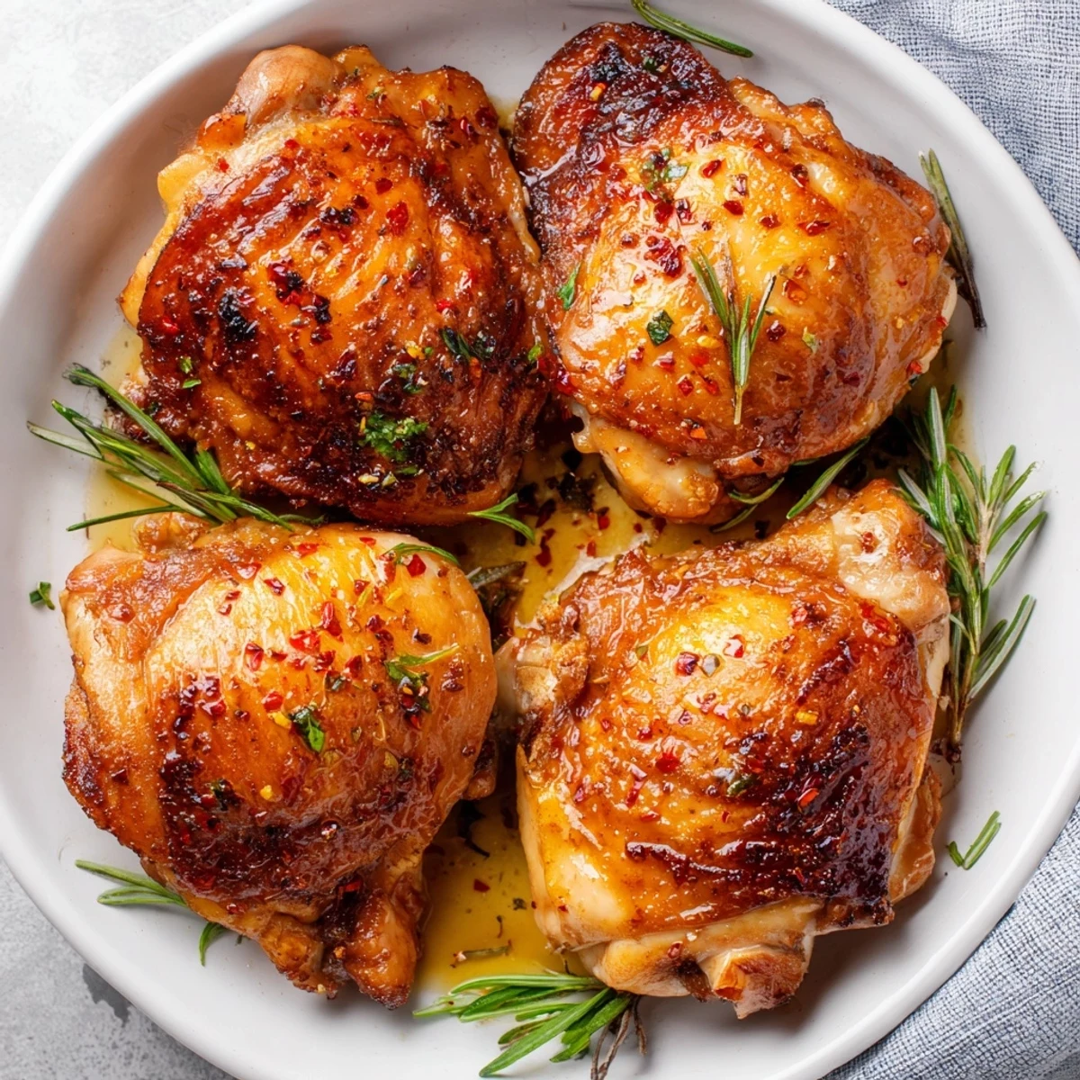 Golden-brown, crispy-skinned Garlic Butter Chicken Thighs roasted to perfection in a skillet, garnished with fresh parsley.