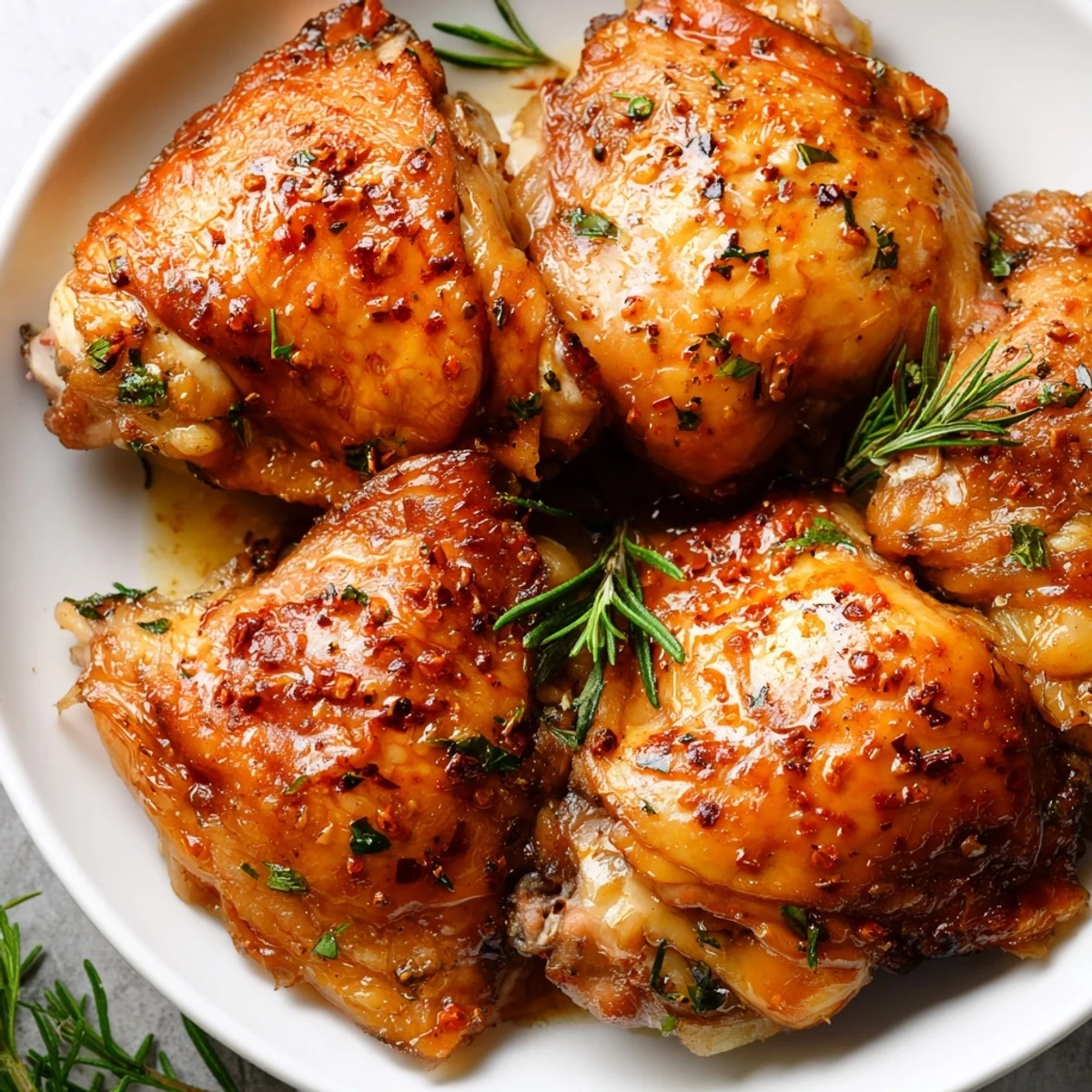 A close-up of juicy Garlic Butter Chicken Thighs in a rich, bubbling garlic butter sauce with herbs.