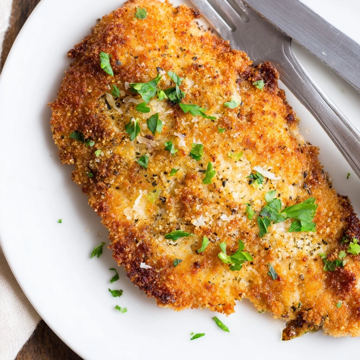 Golden-brown Crispy Parmesan Chicken Cutlets sit on a plate, garnished with fresh parsley and lemon wedges, ready for a family dinner.