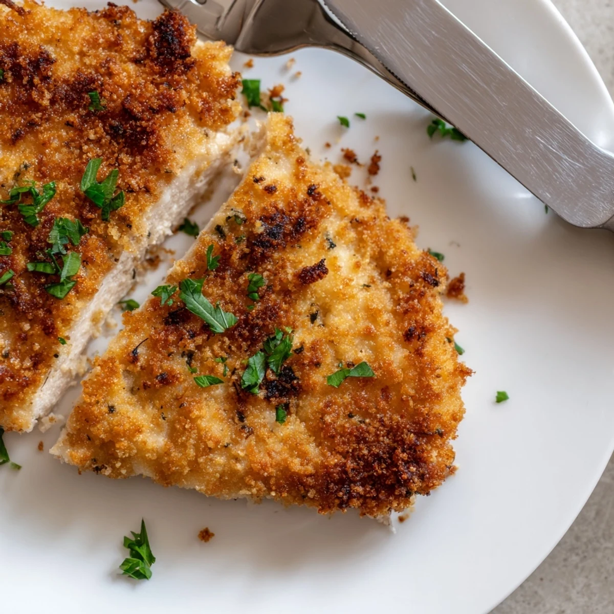 Serve these Crispy Parmesan Chicken Cutlets over a bed of arugula, with lemon wedges for a bright, tangy finish.