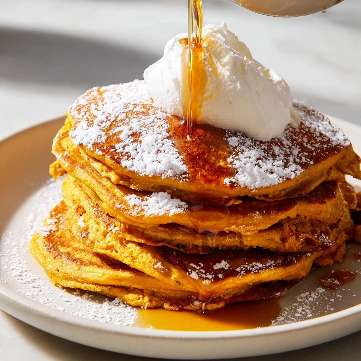 Golden-brown Pumpkin Spice Pancakes stacked high, drizzled with maple syrup and sprinkled with chopped pecans for a cozy fall breakfast.