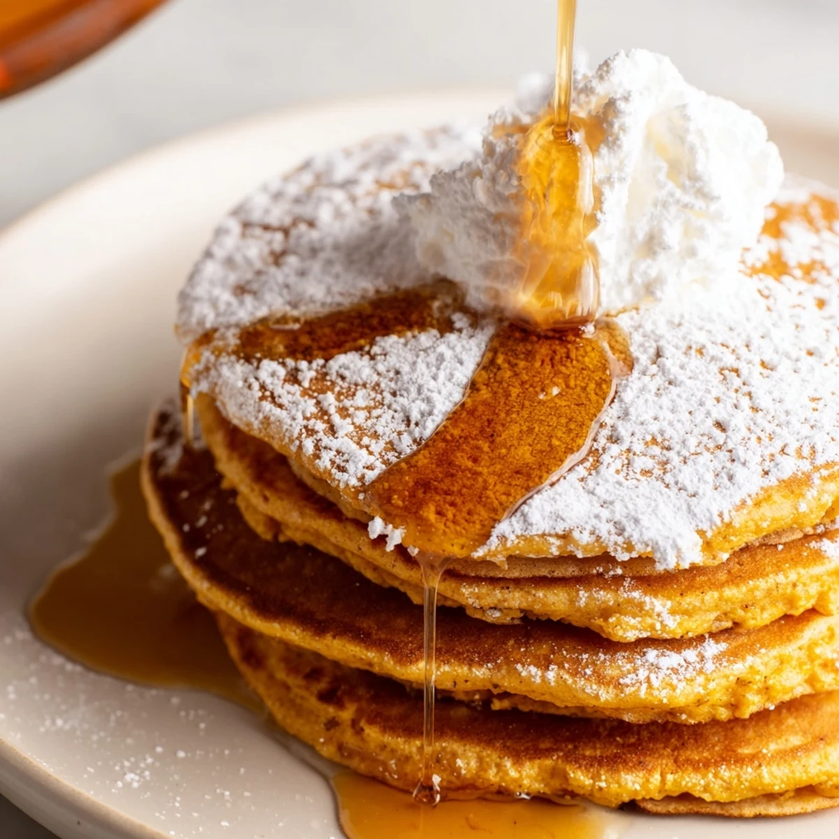 A plate of warm Pumpkin Spice Pancakes topped with whipped cream and a dusting of powdered sugar, ready to serve.