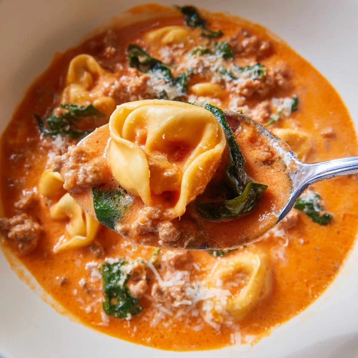 Steaming Tuscan Tortellini Soup ladled into a rustic bowl, garnished with grated Parmesan and fresh basil.