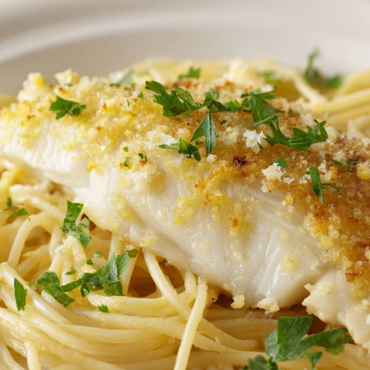 Tender grilled sea bass atop Lemon Bass Pasta, garnished with Parmesan and herbs.