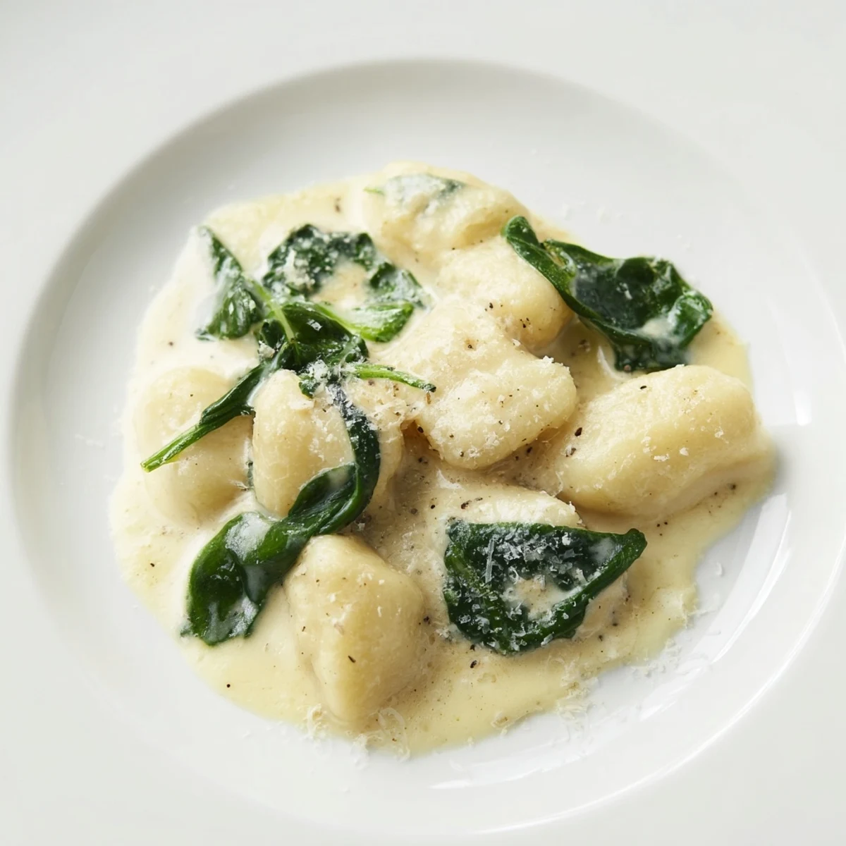 Freshly ground black pepper and extra Parmesan garnish this steaming plate of Creamy Garlic Gnocchi, perfect for a cozy Italian-inspired dinner.  