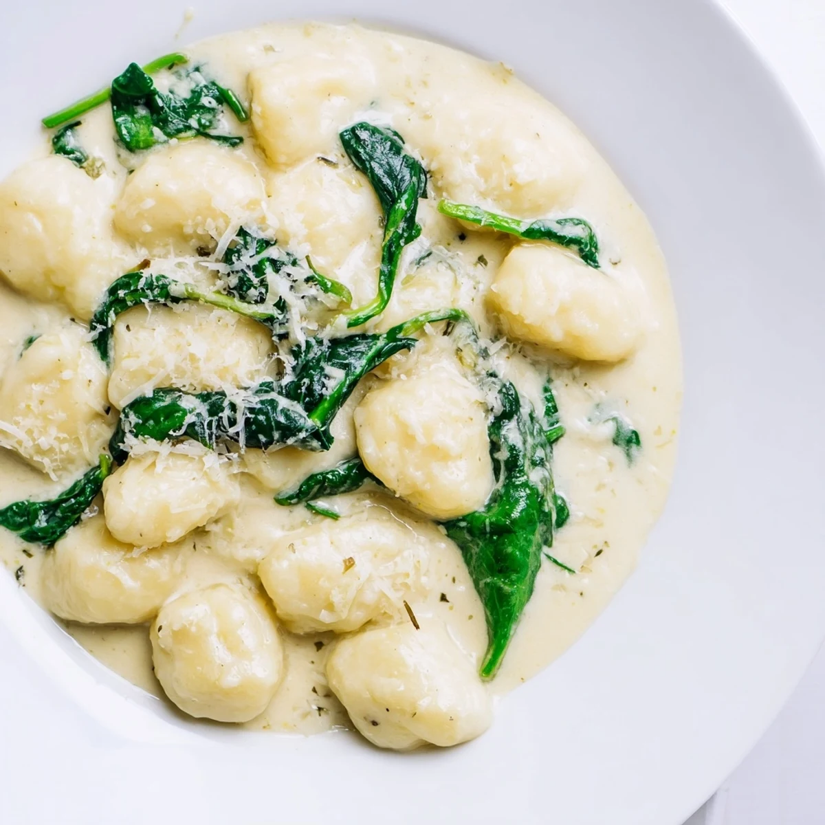 Ready in 25 minutes, this Creamy Garlic Gnocchi features soft dumplings swimming in a velvety sauce with vibrant green spinach leaves.