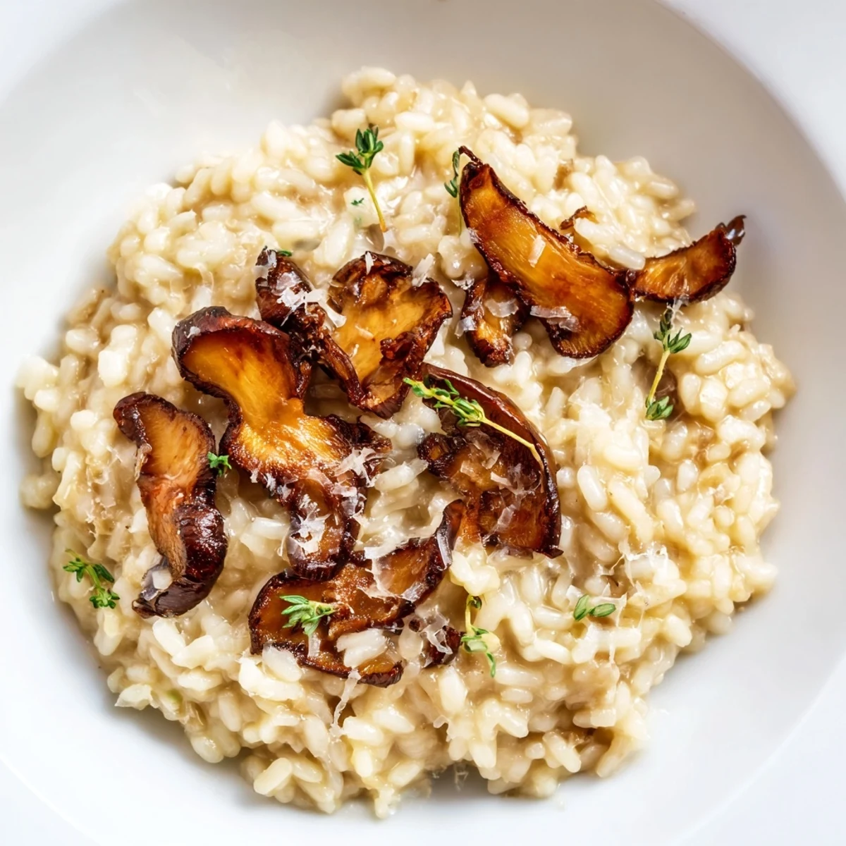 A close-up of creamy Roasted Mushroom Risotto in a white bowl, garnished with fresh thyme and grated Parmesan cheese.