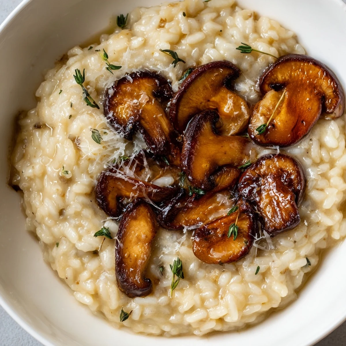 Steaming Roasted Mushroom Risotto topped with golden caramelized mushrooms and fresh parsley in a rustic serving dish.