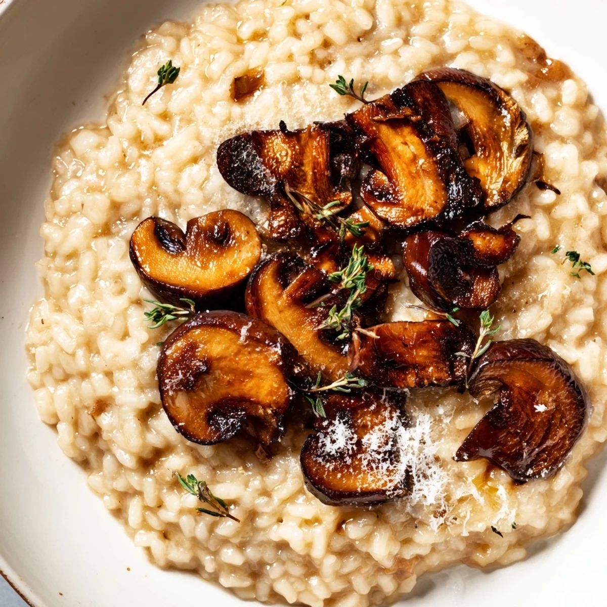 A spoon lifting a creamy bite of Roasted Mushroom Risotto with visible arborio rice and roasted mushroom slices.