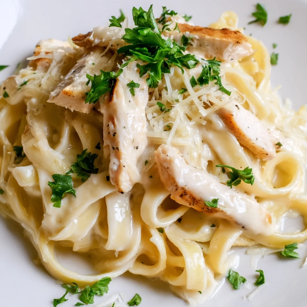 Steaming plate of Cajun Chicken Alfredo with rich, garlicky sauce clinging to tender pasta and spicy chicken strips.
