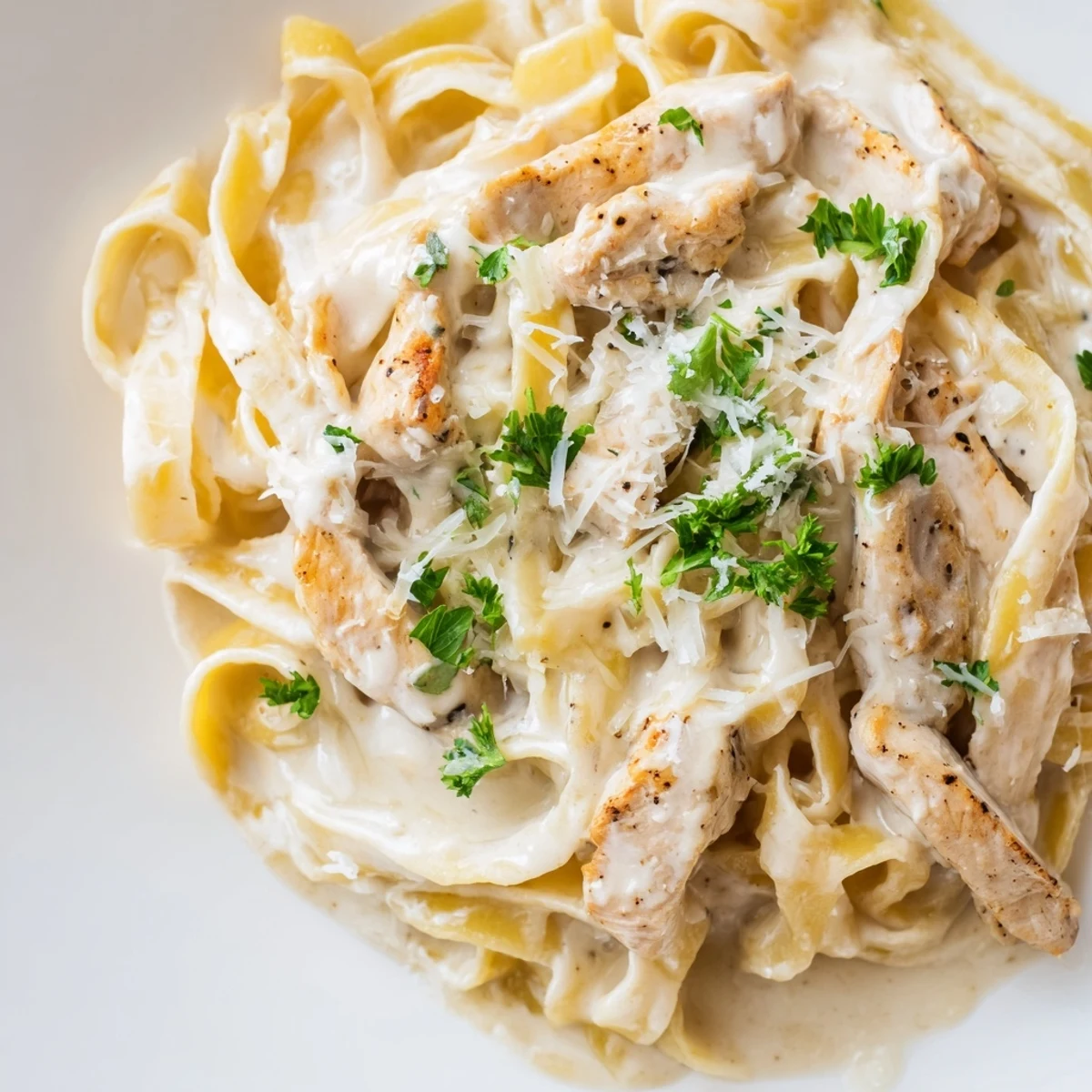 Close-up on sizzling Cajun Chicken Alfredo, featuring vibrant seasoning on juicy chicken and velvety sauce tossed through linguine.