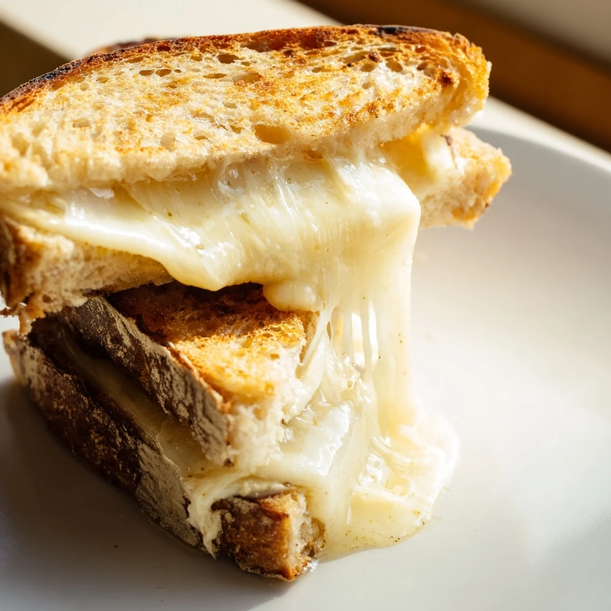 Close-up of a Truffle Grilled Cheese showing crunchy crust and aromatic truffle oil drizzled over melted cheese.