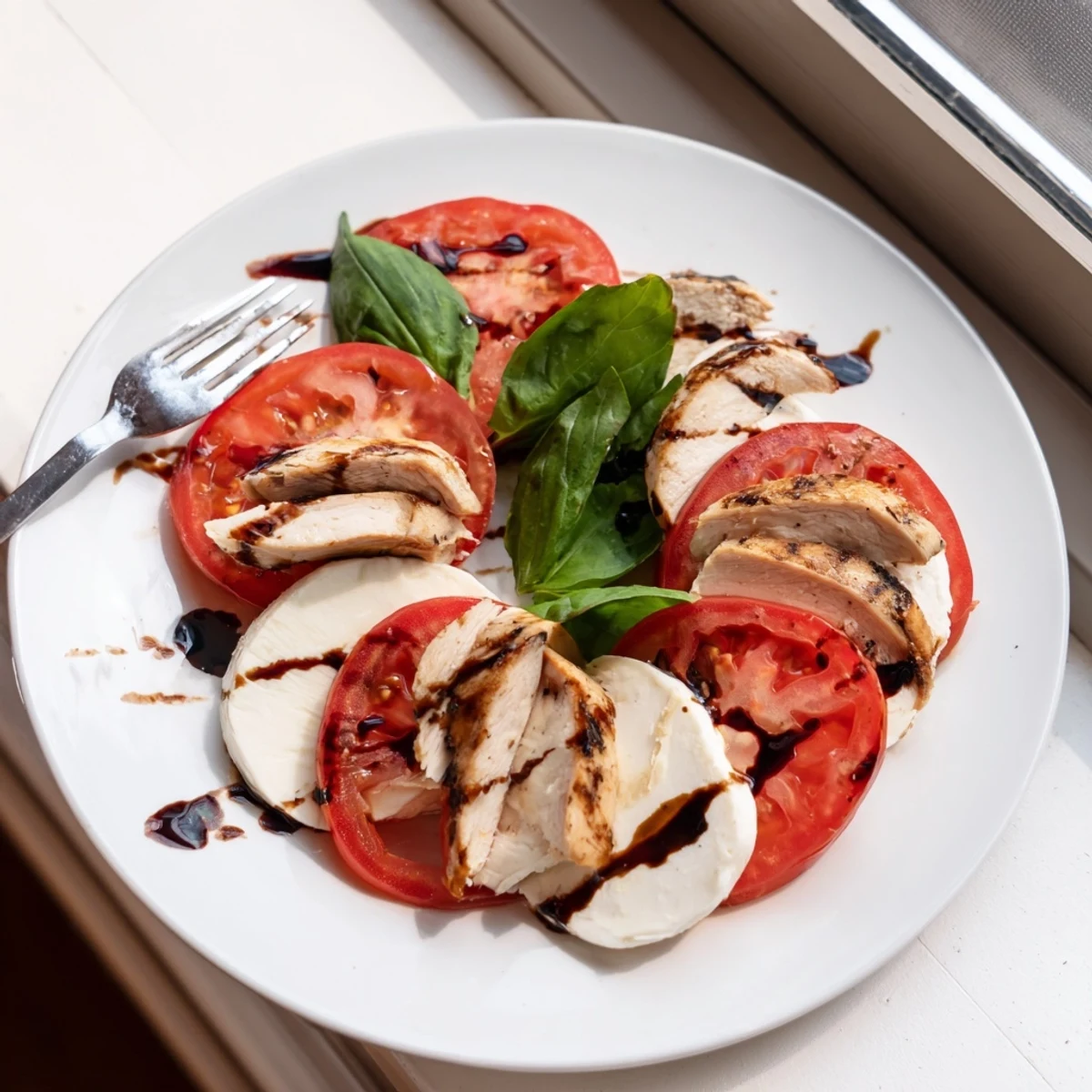 Freshly grilled chicken slices rest atop ripe tomatoes and creamy mozzarella in this vibrant Chicken Caprese Salad, drizzled with balsamic glaze.