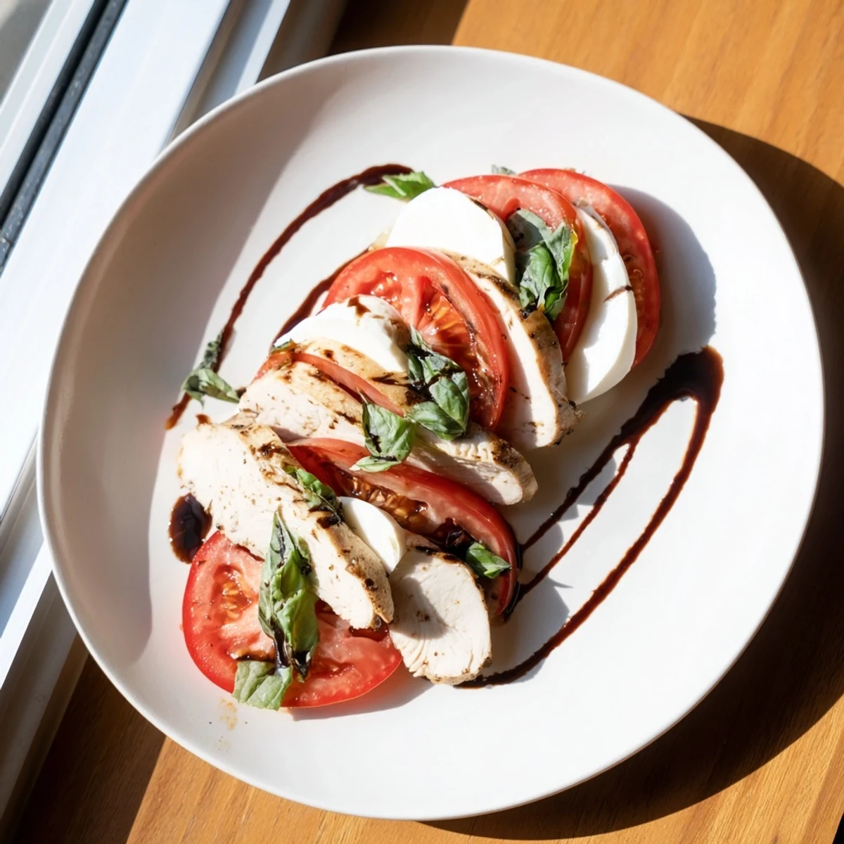 Sliced grilled chicken and colorful tomatoes on mozzarella make up this healthy Chicken Caprese Salad, served on a bed of mixed greens.