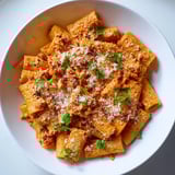 Delicious Creamy Roasted Red Pepper Santa Hat Pasta, a beautiful vegetarian dish with a rich sauce.