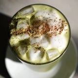 Refreshing Iced Cinnamon Roll Matcha, a green tea drink swirled with cinnamon, topped with fluffy foam.