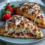 Fresh strawberry brown butter scones topped with crunchy almond slices, perfect for a cozy breakfast.