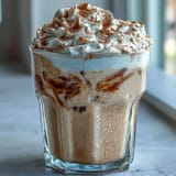 Creamy vanilla bean frappuccino protein shake with whipped cream and a sprinkle of cinnamon, served in a tall glass.