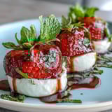 Strawberry Caprese skewers with balsamic drizzle on a white platter, featuring bright red strawberries, creamy mozzarella balls, and fresh green basil leaves, drizzled with glossy balsamic reduction.  
