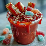 Layered chamoy pickle snack in a cup, featuring sour gummy strips, spicy Tajín, and colorful candies for a bold treat.