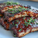 Tender Father's Day BBQ Rib Board piled high, showcasing three luscious sauces.